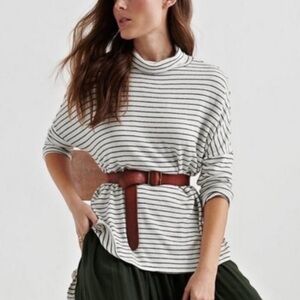 Lucky Brand Tunic Mock Cowl Neck Striped Knit Top Hi Low Hem Cloud Jersey Shirt